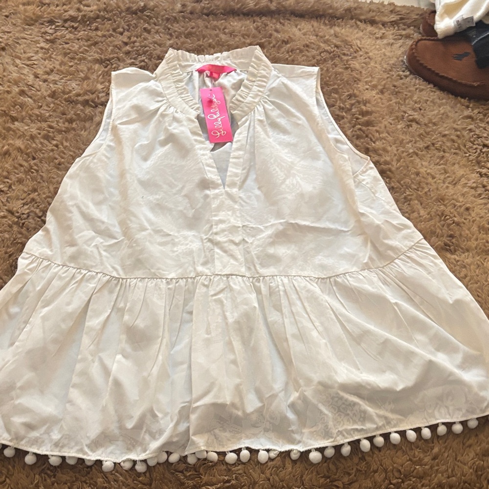 Lilly Pulitzer White Sleeveless Blouse with Pom-Pom Trim